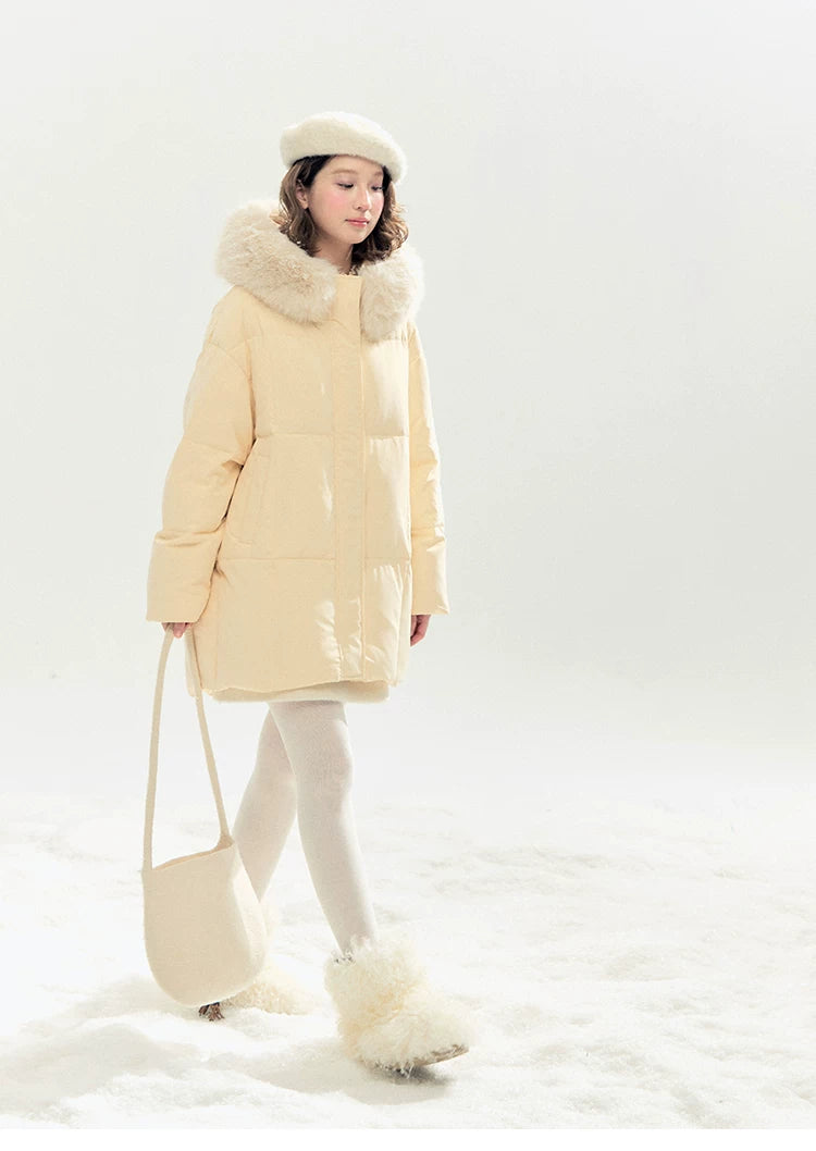 "Butter Soufflé" Vanilla Butter Hooded Mid-Length Down Coat with Faux Fox Fur Trim