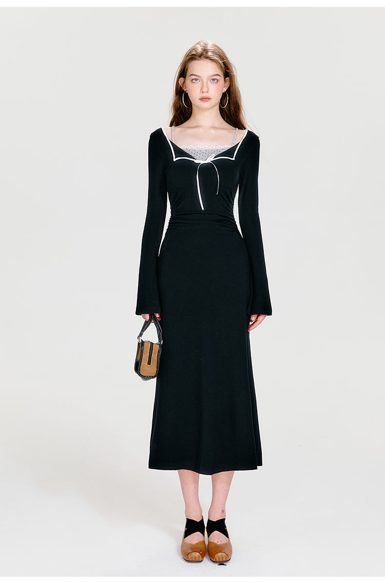 Contrast Color Stitching Dress (fake two pieces)