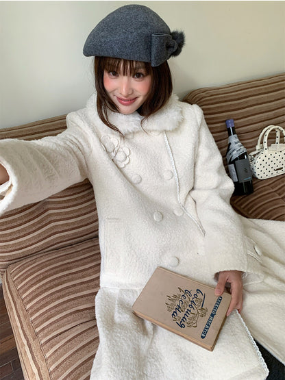 阮阮自制 - Birch Lily Milky White Detachable Fur Wool Coat