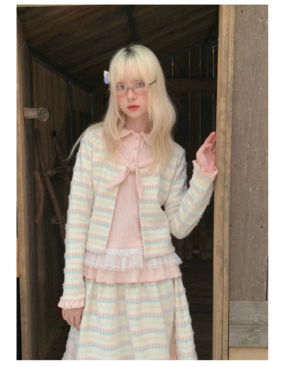 RF - Candy Stripe Floral Knit Cardigan and Midi Skirt Set