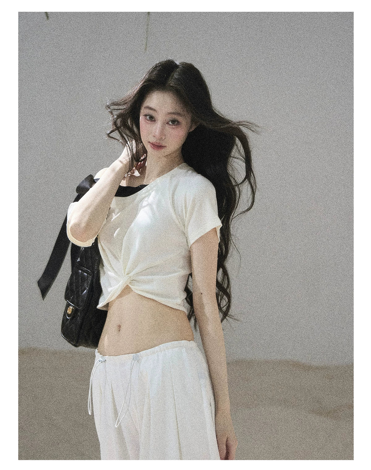 "Moonlight Upon Her" Creamy Apricot Off-Shoulder Twist Cropped T-Shirt