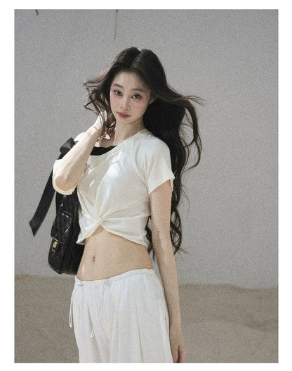 "Moonlight Upon Her" Creamy Apricot Off-Shoulder Twist Cropped T-Shirt