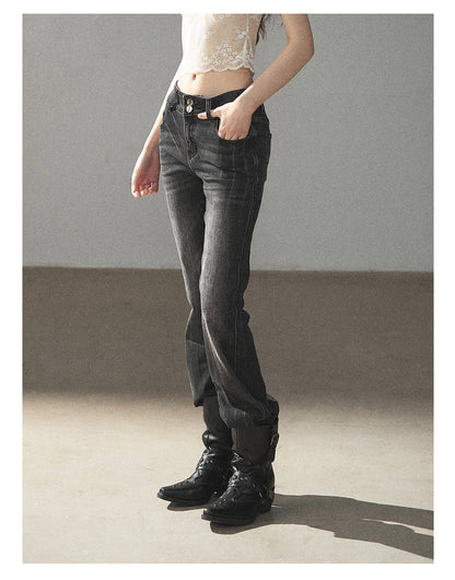 170726 "Her Quiet Shore" Rock Black Mid-Rise Flared Jeans