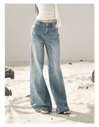 "Starlit River Shimmer" Distant Sky Blue Rhinestone Wide-Leg Jeans 65633