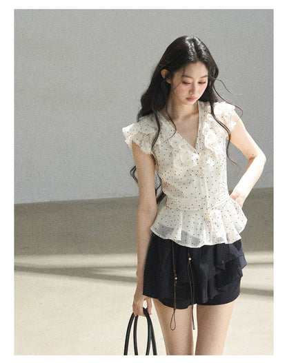 "Falling Into the Galaxy" Cream Ivory Polka Dot Chiffon Blouse