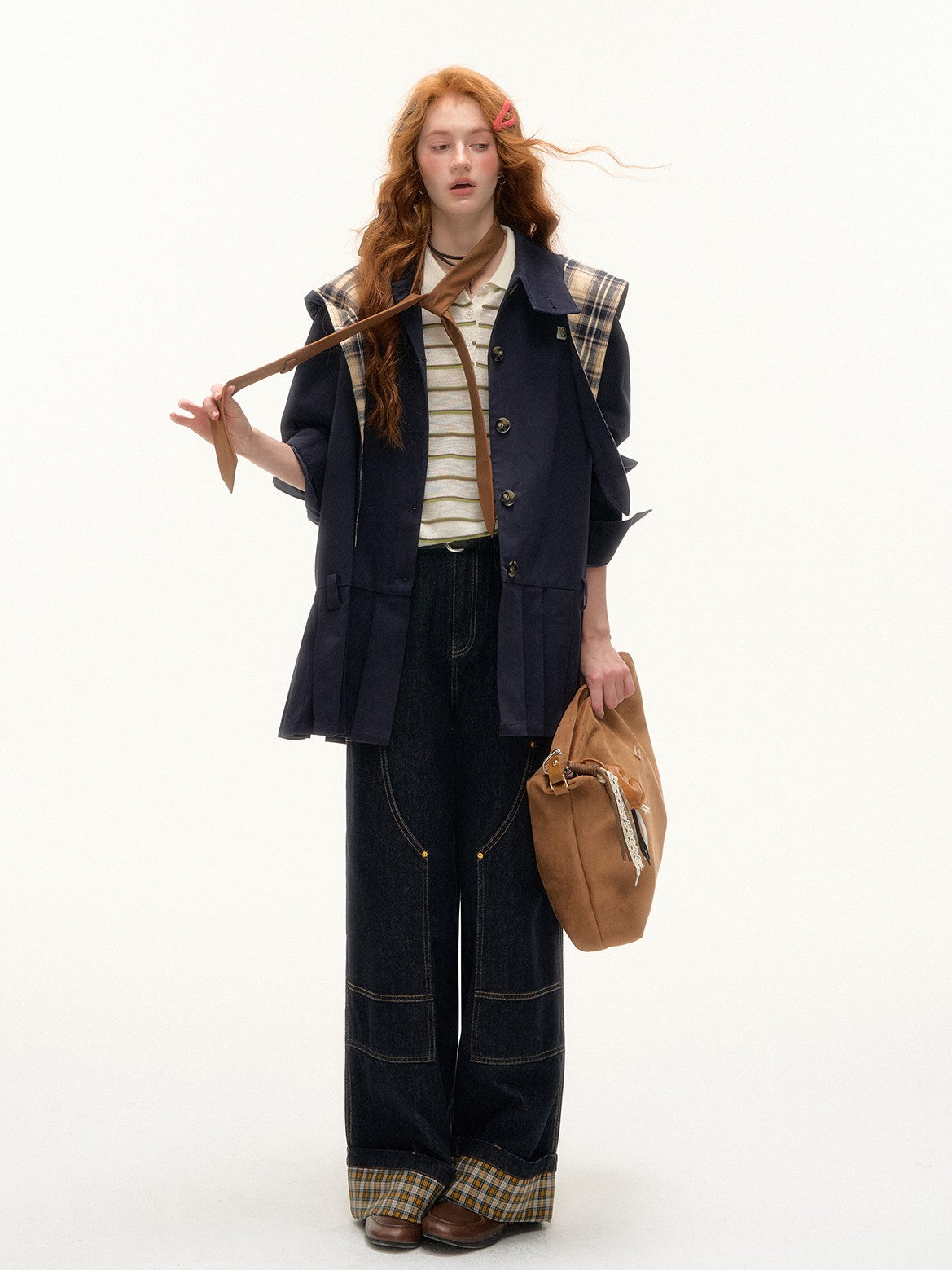 ASGONY - Preppy Bunny Collar Jacket with Removable Plaid Ears (Navy Blue)