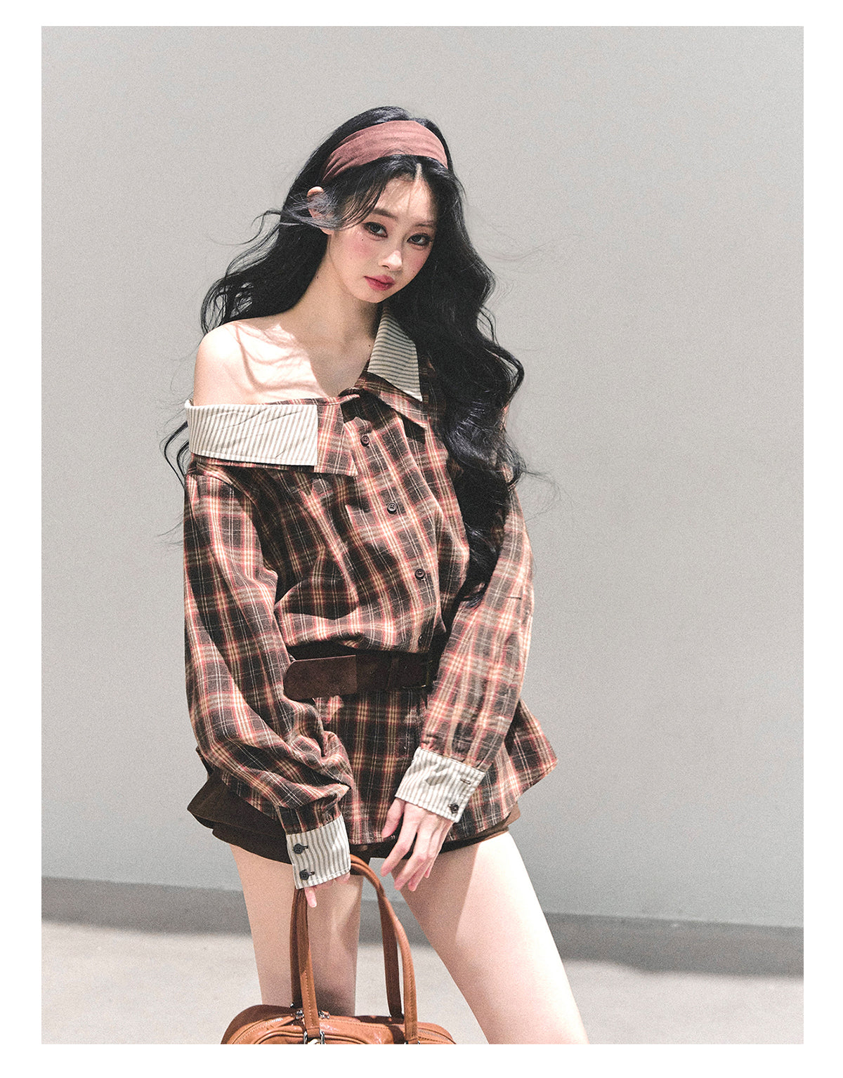少也眼 “The Street She Passed” Off-Shoulder Plaid Shirt with Belt - Mocha Brown 45368364