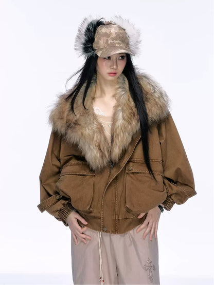 JN's DESIGN - Washed Chestnut Brown Faux Fur Collar Utility Jacket
