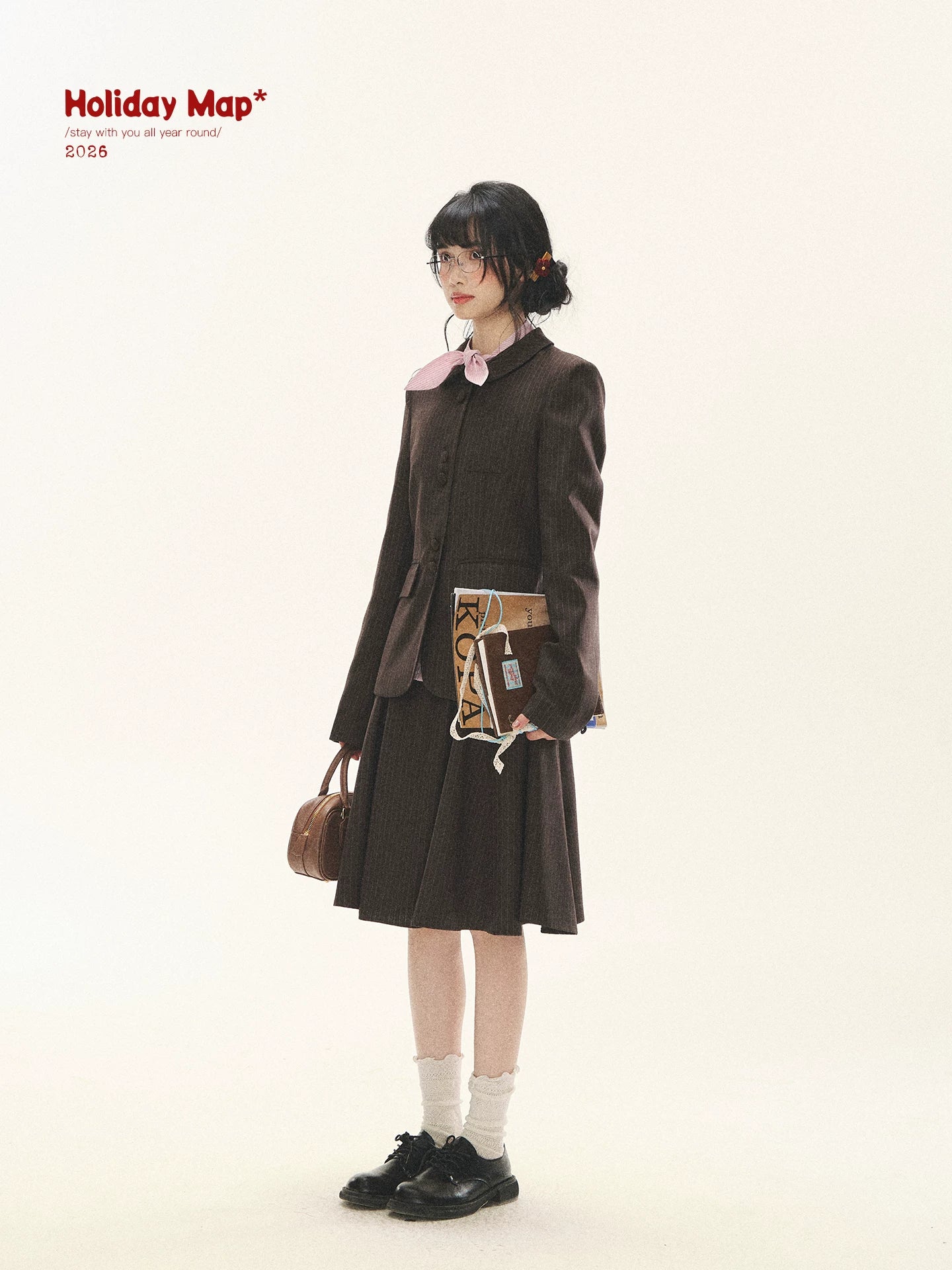 "Academy Memoir" Chocolate Brown Stripe Blazer & Pleated Skirt Set