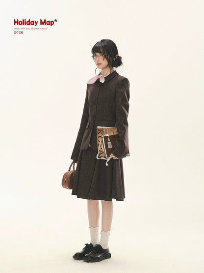 "Academy Memoir" Chocolate Brown Stripe Blazer & Pleated Skirt Set