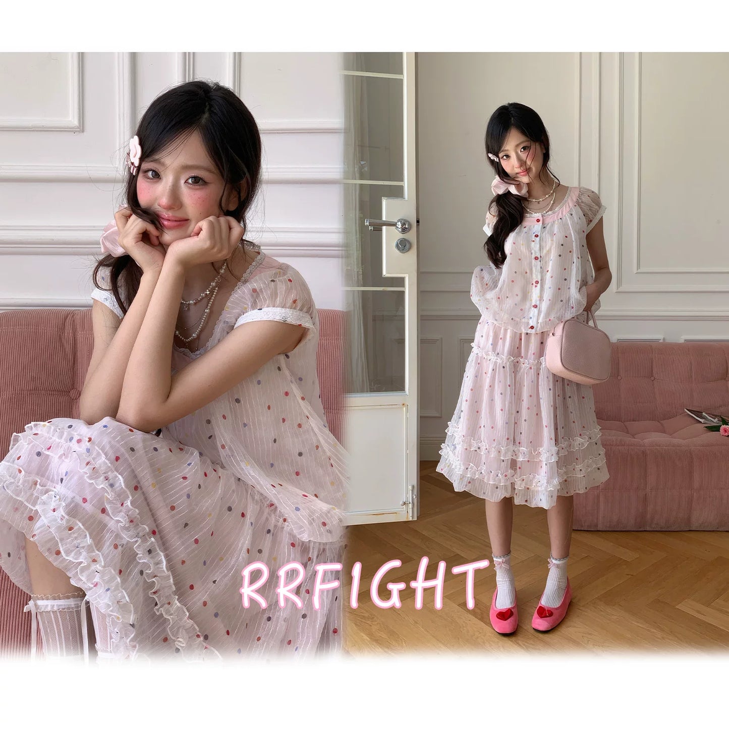 “Strawberry Boba Daydream” Pink Polka Dot Bubble Skirt Set