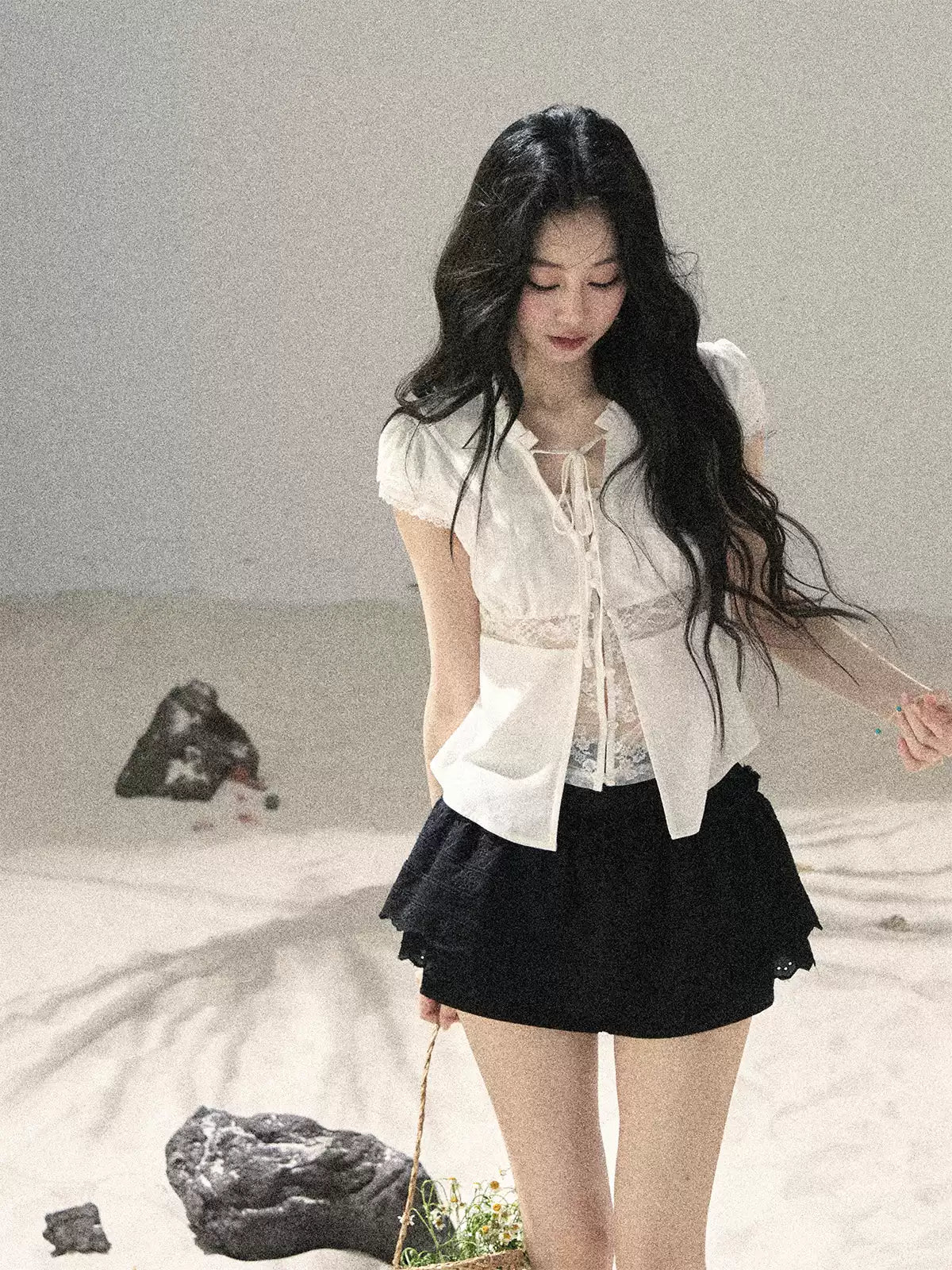 "Lace Between the Lines" Frost White Faux-Layer Cropped Shirt