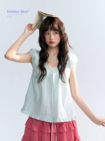 "Mint Morning Glow" Mint Green Lace Tie-Front Cardigan Blouse