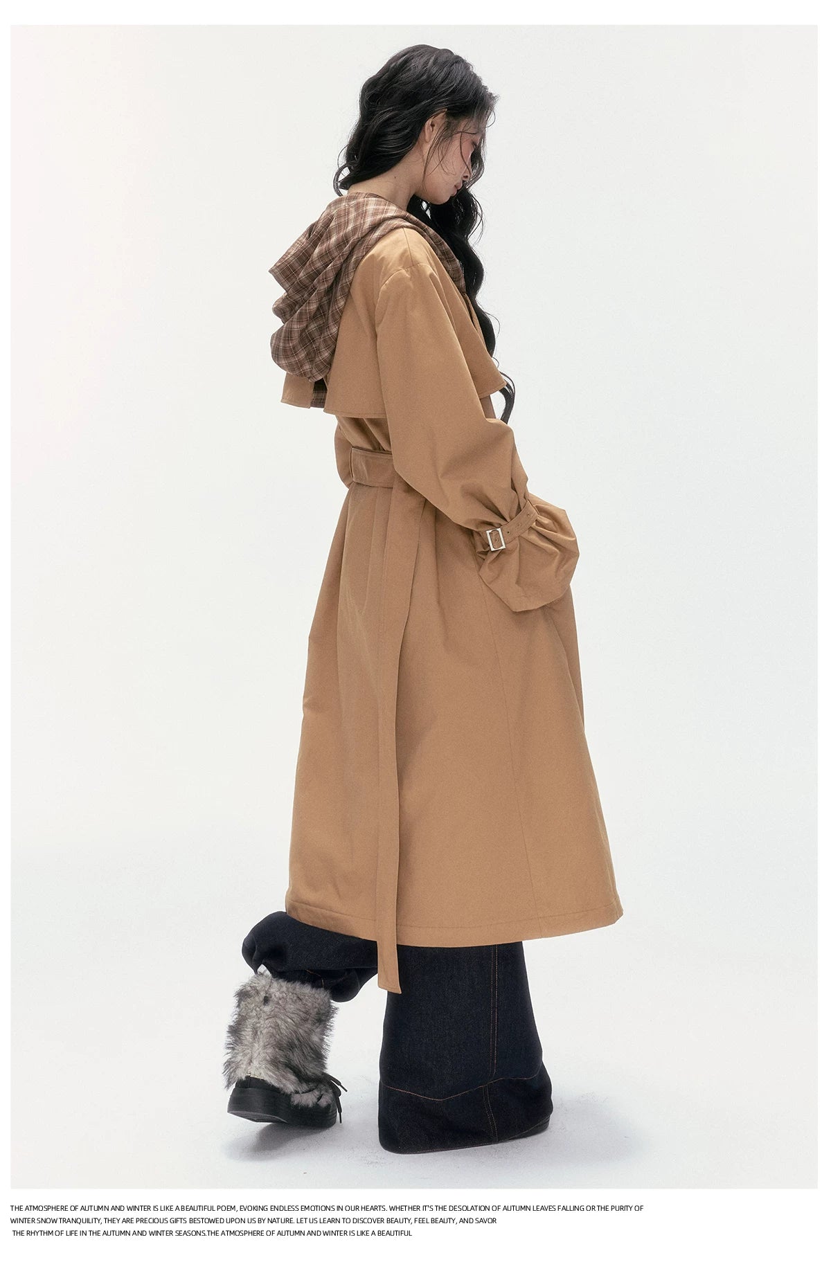 24olvides - Brown Long Padded Trench Coat with Plaid Hood