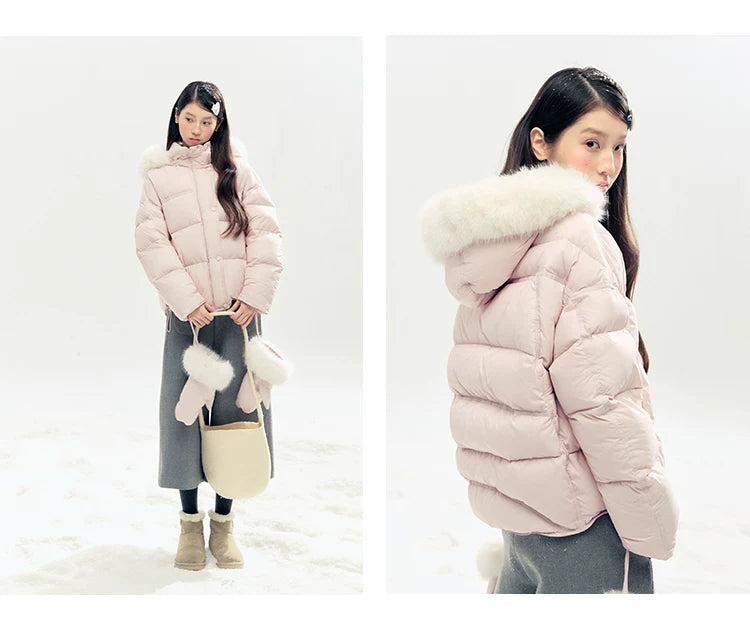 "Snowland Sprite" Peach Blush Lilac Hooded Down Jacket with Detachable Faux Fur Trim & Gloves