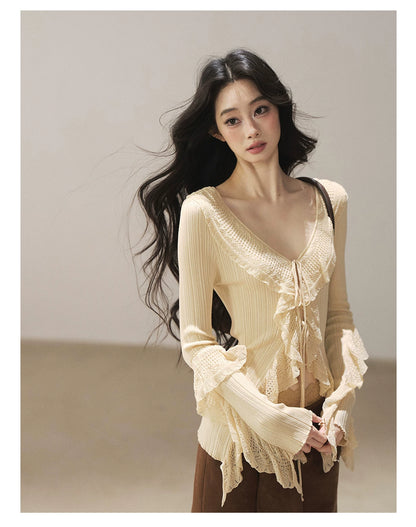 AOMALM - "The Gap of Light" Cheese Yellow Korean Ruffle Lace-Trim Knit Cardigan