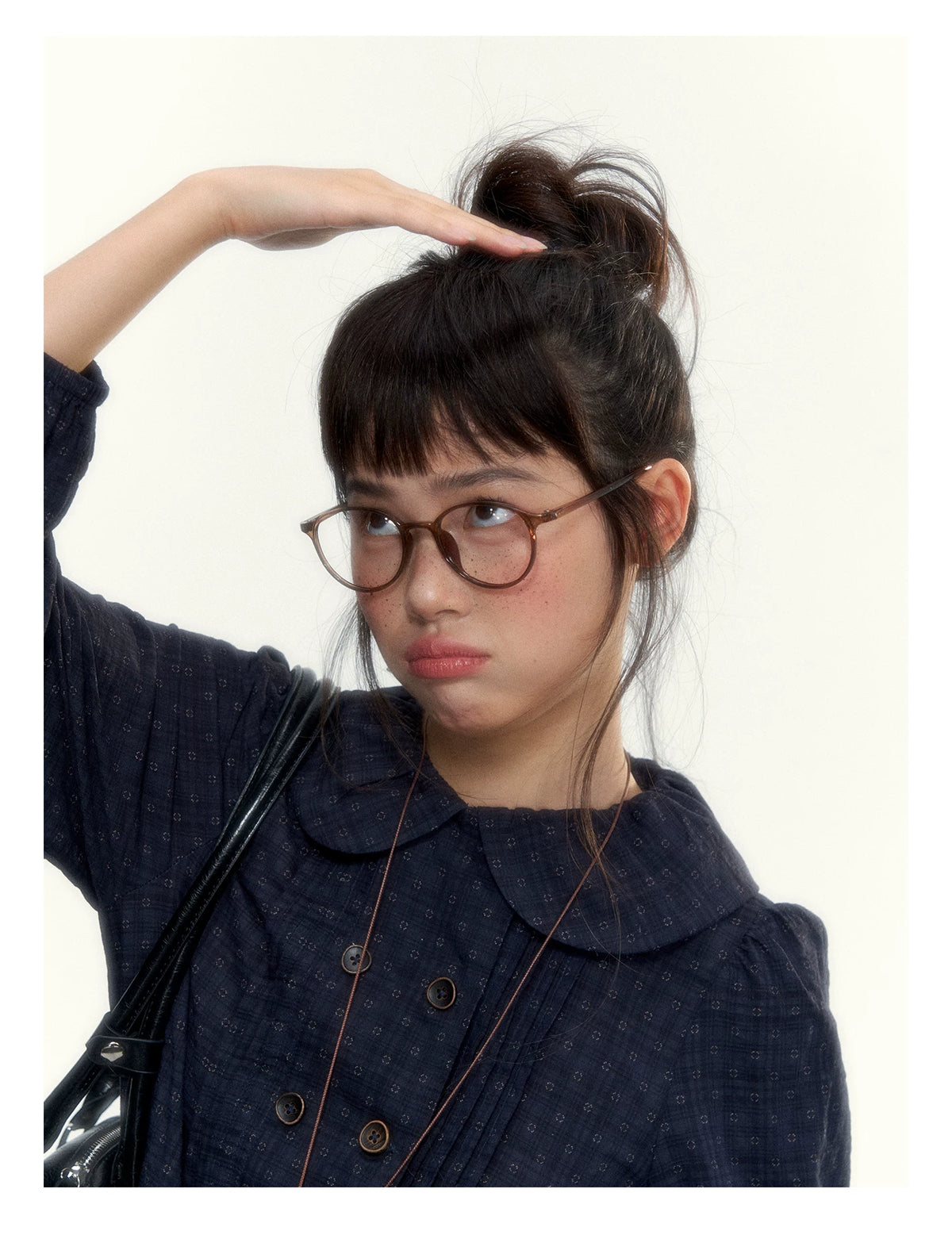 “Academy Melody” Navy Plaid & Dusty Purple Peter Pan Collar Cotton Shirt (Navy Plaid / Dusty Purple)