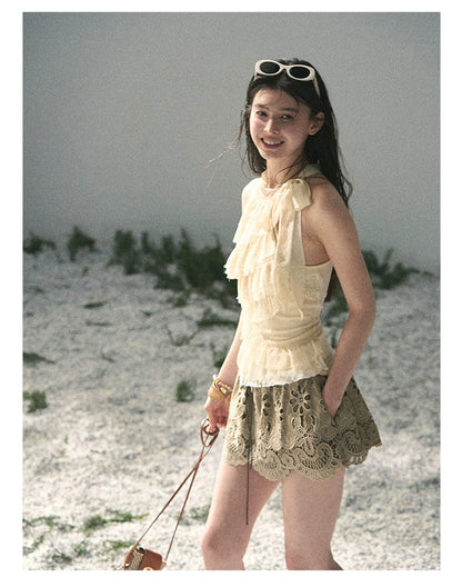 “Spring Traces in Tulle” Pale Butter Lace Halter Top
