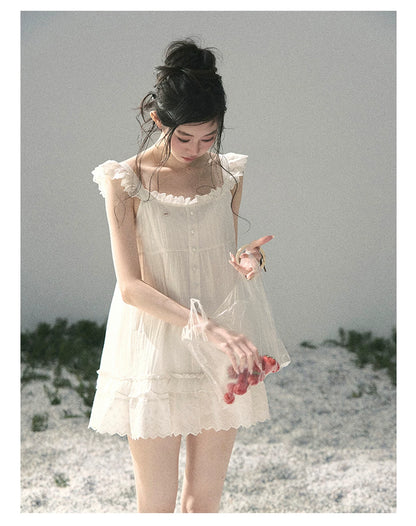 "Shimmer Along the Hem" Cloud White Lace Flutter Sleeve Babydoll Mini Dress 53413