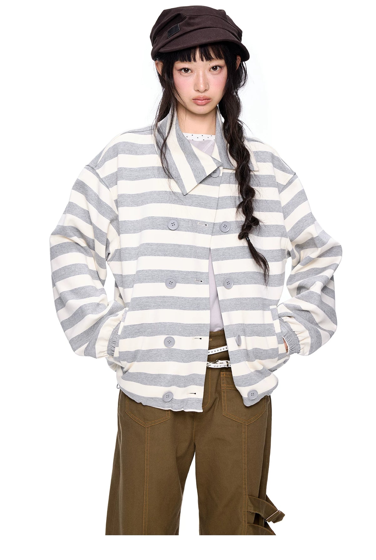 EZEK | Striped Asymmetrical Collar Cardigan Sweatshirt with Double-Breasted Buttons