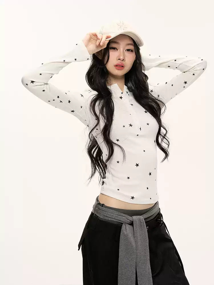 JN's DESIGN - Star Print Fitted Henley Long-Sleeve Top (White / Taro Pink-Purple)