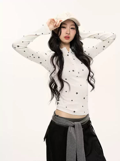 JN's DESIGN - Star Print Fitted Henley Long-Sleeve Top (White / Taro Pink-Purple)
