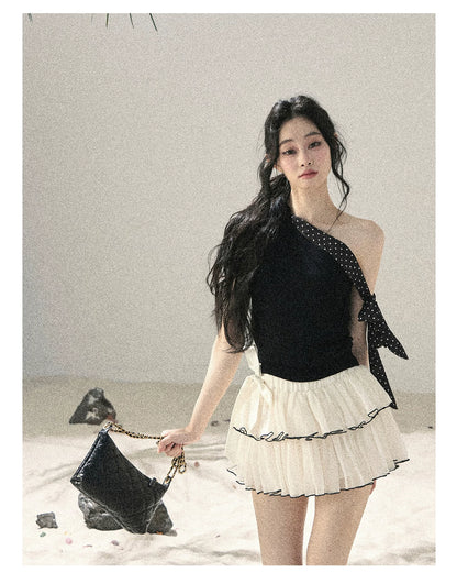 "Morning Dew & Evening Breeze" Midnight Black One-Shoulder Polka Dot Crop Top