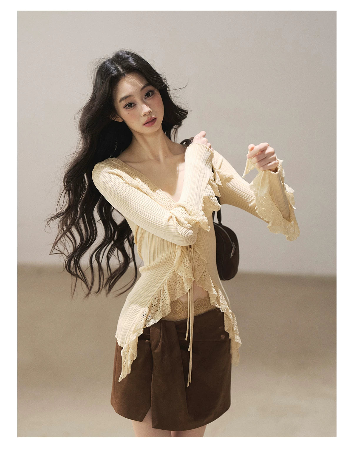 AOMALM - "The Gap of Light" Cheese Yellow Korean Ruffle Lace-Trim Knit Cardigan