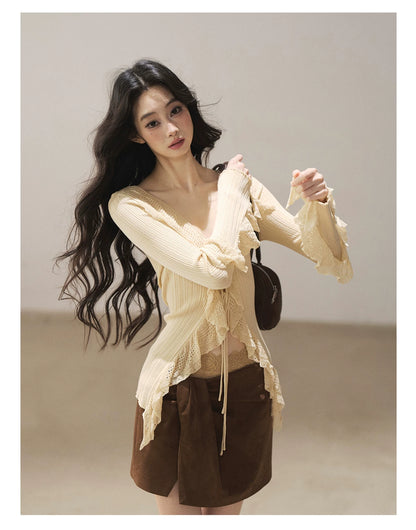 AOMALM - "The Gap of Light" Cheese Yellow Korean Ruffle Lace-Trim Knit Cardigan