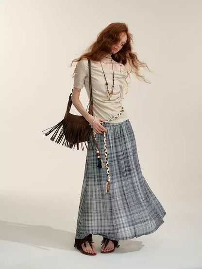 Gray Contrast Plaid A-Line Maxi Skirt