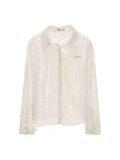 MAMC - White Textured Pleated Irregular-Collar Long Sleeve Shirt