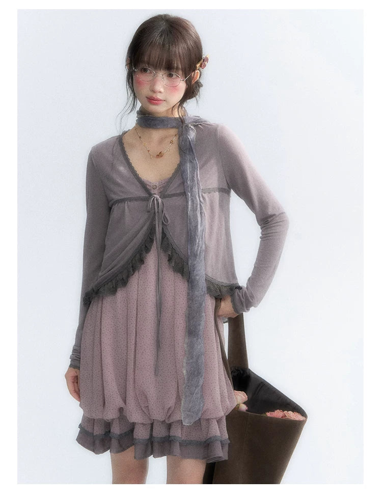 "Misty Lavender Reverie" Vintage Floral Lace Trim Midi Slip Dress