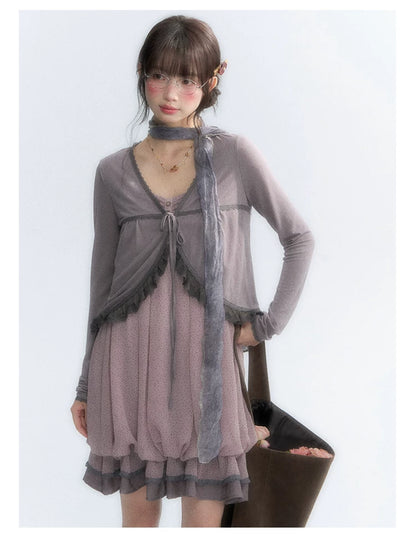 "Misty Lavender Reverie" Vintage Floral Lace Trim Midi Slip Dress