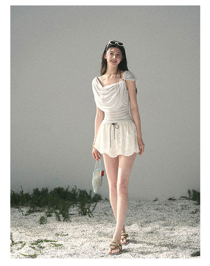 “When the Wind Stole Moonlight” Moonstone Draped Off-Shoulder Top
