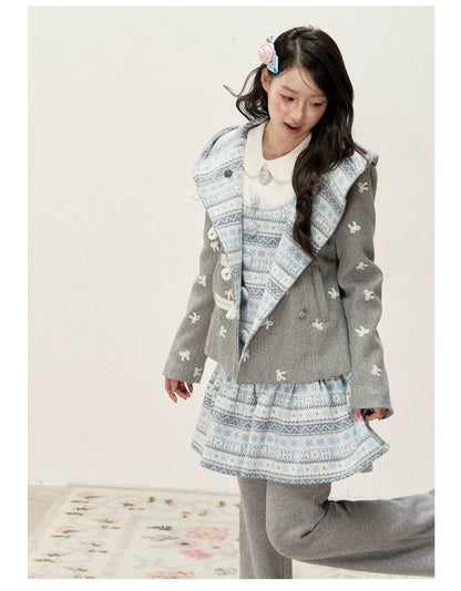 [RF] Heather Gray Vintage Jacquard Hooded Jacket with Frost Mist Blue Details