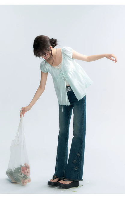 "Mint Morning Glow" Mint Green Lace Tie-Front Cardigan Blouse