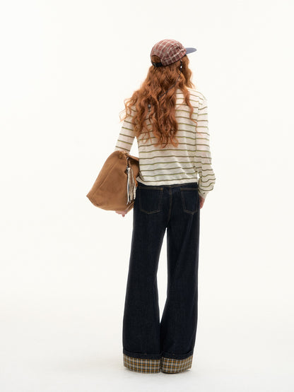 ASGONY - Plaid Cuff Contrast Wide-Leg Raw Denim Jeans (Yellow Plaid)