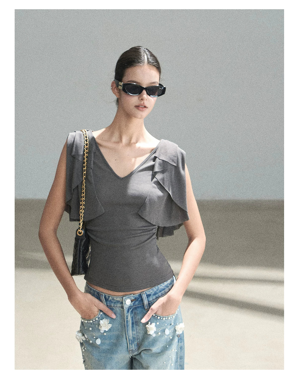 "Where Clouds Fall" Ruffle Sleeve V-Neck Crop Top (Forest Green/ Sage Gray/ Misty Blue/ Cinnamon Pink)