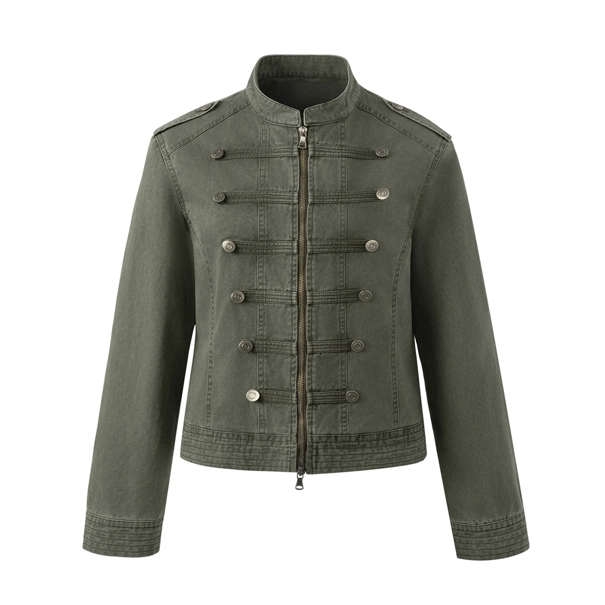 EZEK | Vintage Washed Denim Jacket with Hood and Double-Breasted Buttons (Military Green / Heather Gray)