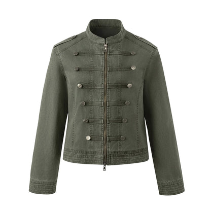 EZEK | Vintage Washed Denim Jacket with Hood and Double-Breasted Buttons (Military Green / Heather Gray)