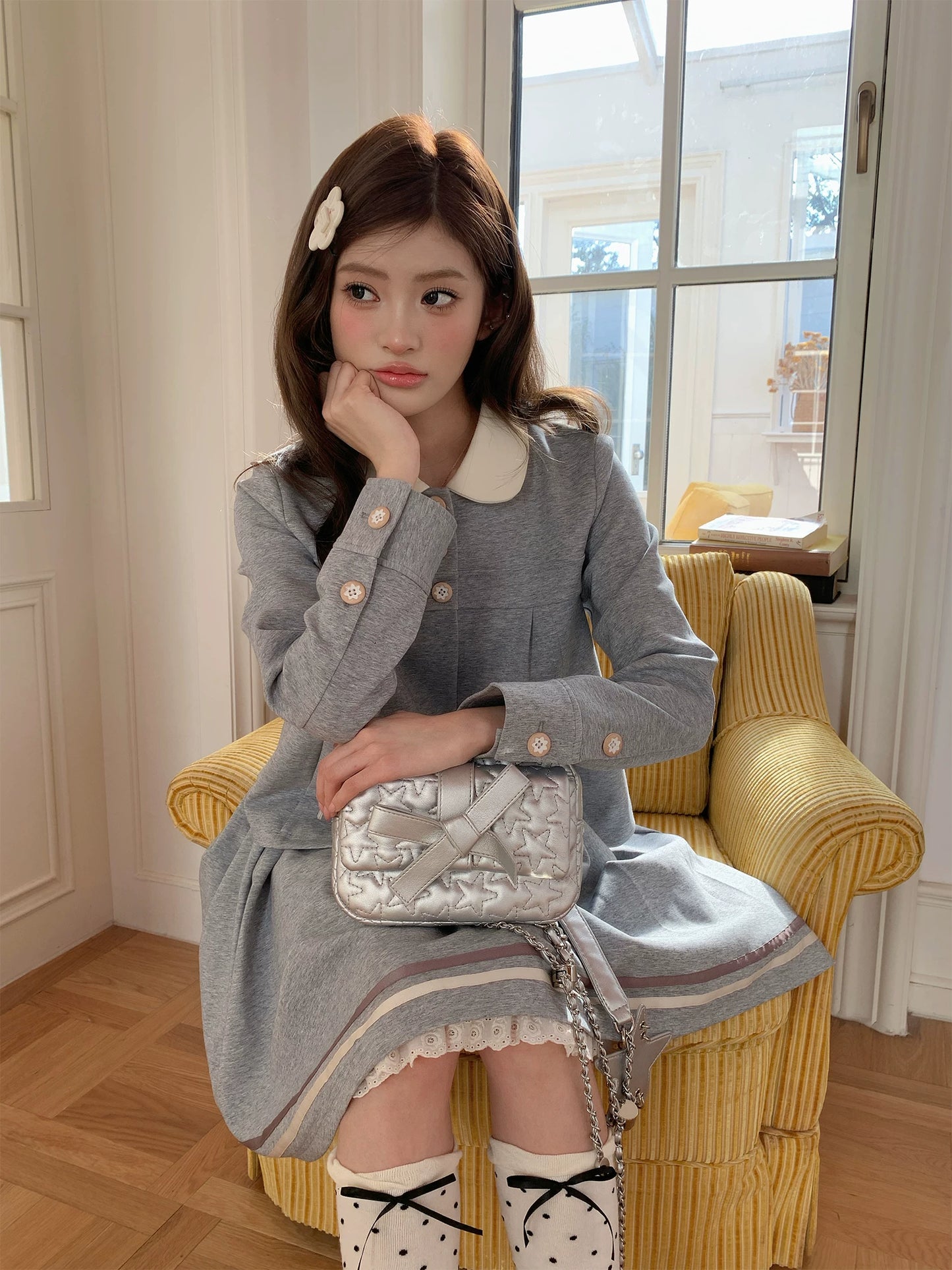 “Misty Academy Reverie” Light Grey Cropped Top & Bubble Mini Skirt