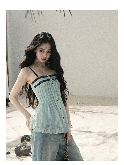 "Sea Breeze Reverie" Misty Sage Lace Off-Shoulder Ruched Top 54352131