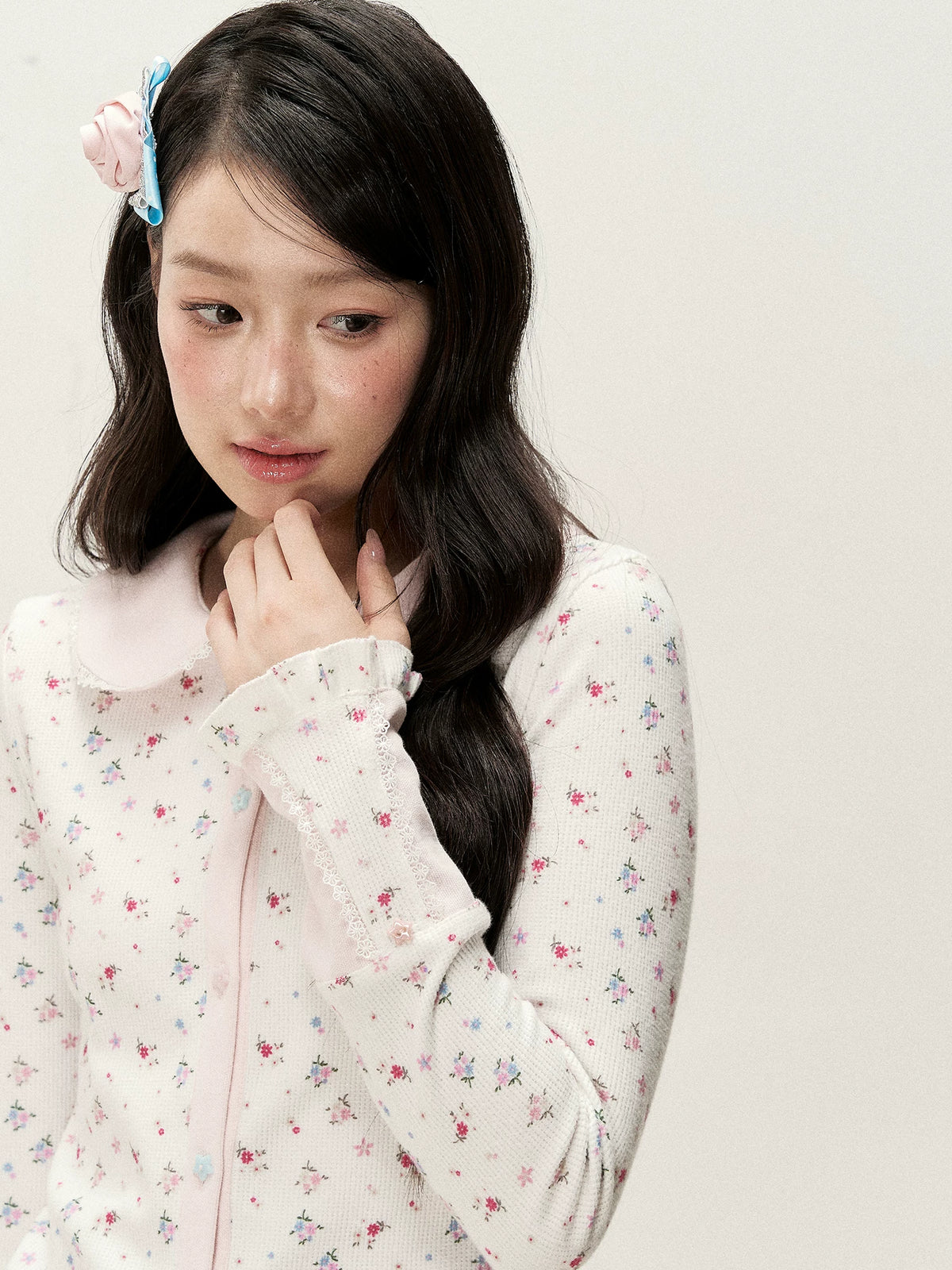 [RF] Waffle Texture Peter Pan Collar Floral Cardigan in Soft Pink