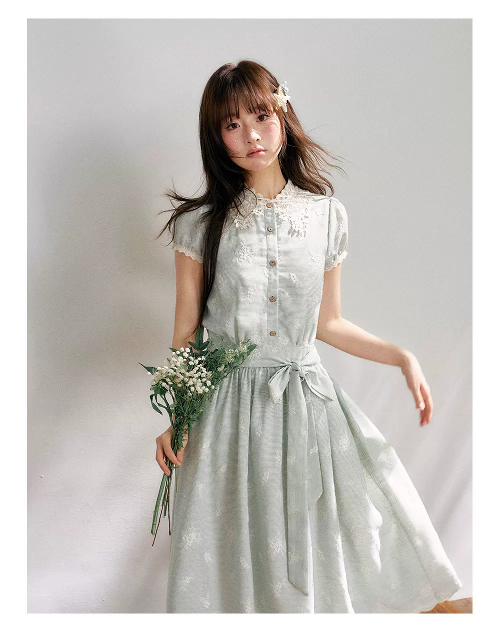 “Sage Meadow Reverie” Sage Green Embroidered Shirt Dress