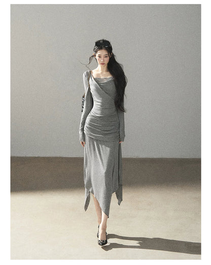 AOMALM - "Still River Cove" Cloud Mist Gray French-Inspired Lace Maxi Dress