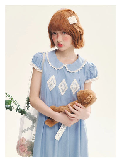 "Sweet Tea Doll" Haze Blue Lace Puff Sleeve Peter Pan Collar A-Line Dress