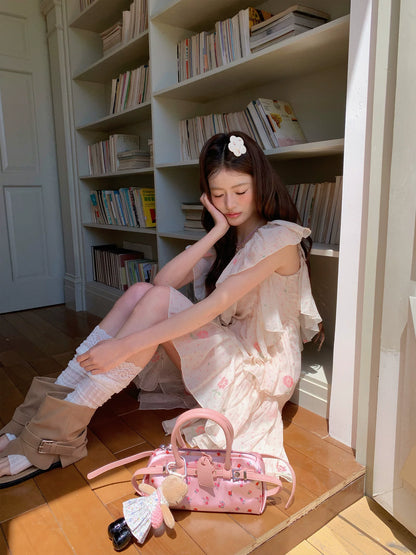 “Cloud Ruffle Reverie” Cream Apricot Floral Ruffle Dress