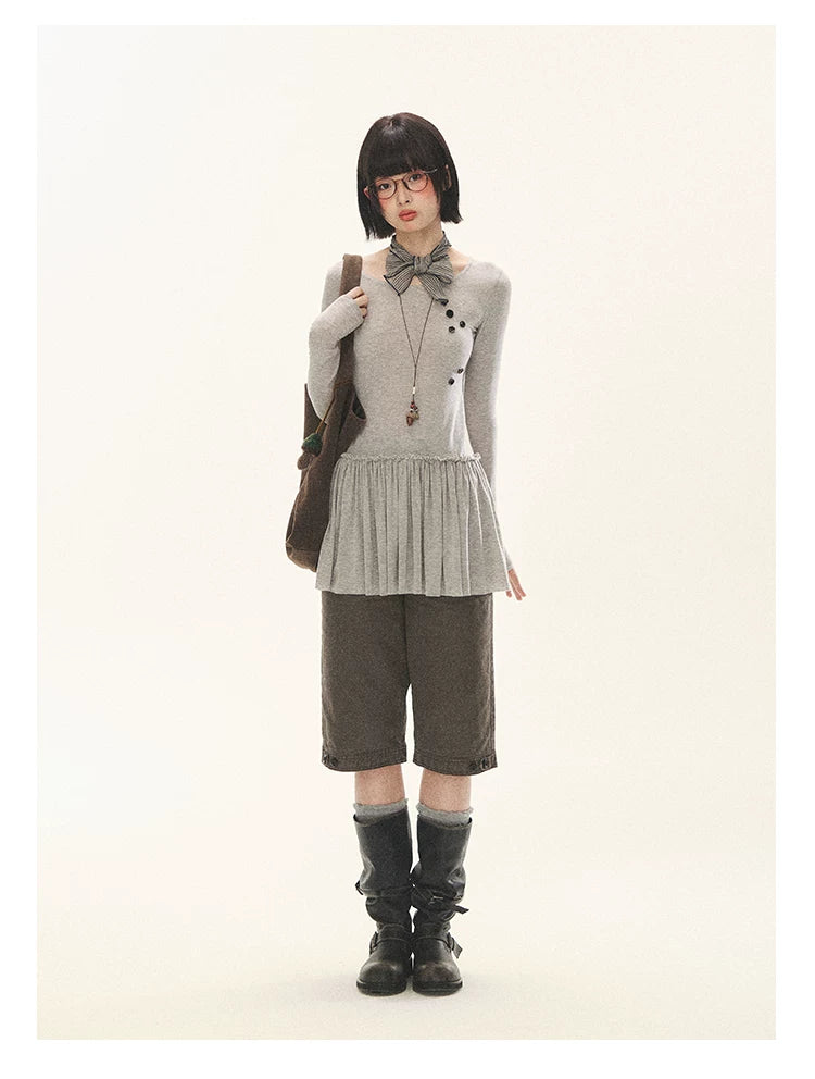 "Spring Memoir" TENCEL™ Wool Pleated Knit Midi Dress (Oat Gray/ Butter Cream)