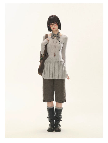 "Spring Memoir" TENCEL™ Wool Pleated Knit Midi Dress (Oat Gray/ Butter Cream)