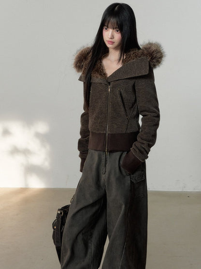 Soote Season - Deep Brown Chenille Faux-Fur Hooded Cropped Jacket